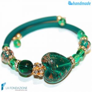 Green water valentine bracelet handmade Murano glass - La Fondazione snc - BRAC0044