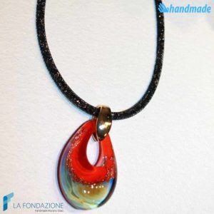 Red drop-shaped pendant in Chalcedony with crystal net collar made in Murano glass - PEND0054