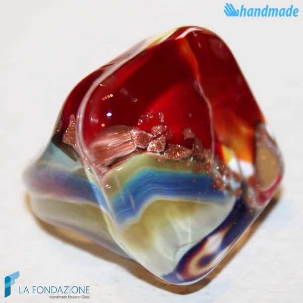Pair of Blue and Red Chalcedony Cube Band Ring – Handmade Murano glass band ring with aventurine made in Venice Italy - RINGS0099