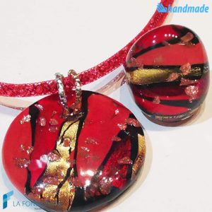 Red Lagoon set with necklace and ring handmade Murano glass - La Fondazione snc - PARU0056