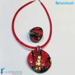 Red Lagoon set with necklace and ring handmade Murano glass - La Fondazione snc - PARU0056